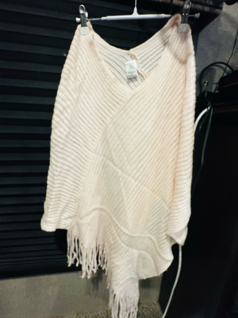 Light Cream Fringe Knit Poncho Sweater - Women's
